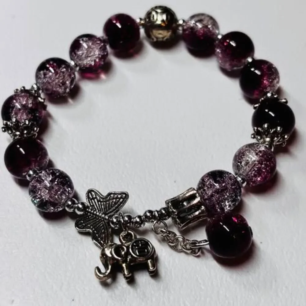 Pink & Magenta Crackle Glass Bead Charm Bracelet – Elephant & Butterfly